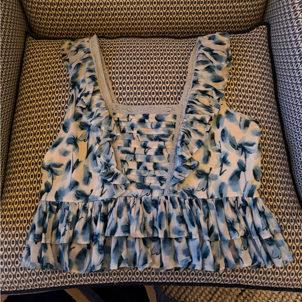 Allison New York Blue Floral Ruffle Sleeveless Top